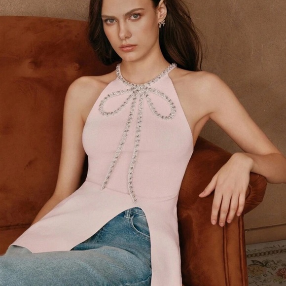Anewsta Savoree Pink Elegant Fashion Rhinestone Bowknot Decor Sleeveless  Top - www.kelas.rizki-tech.com